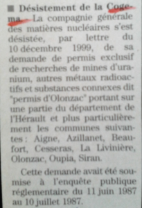 Desistement de la Cogema - midi libre 23 mars 2000